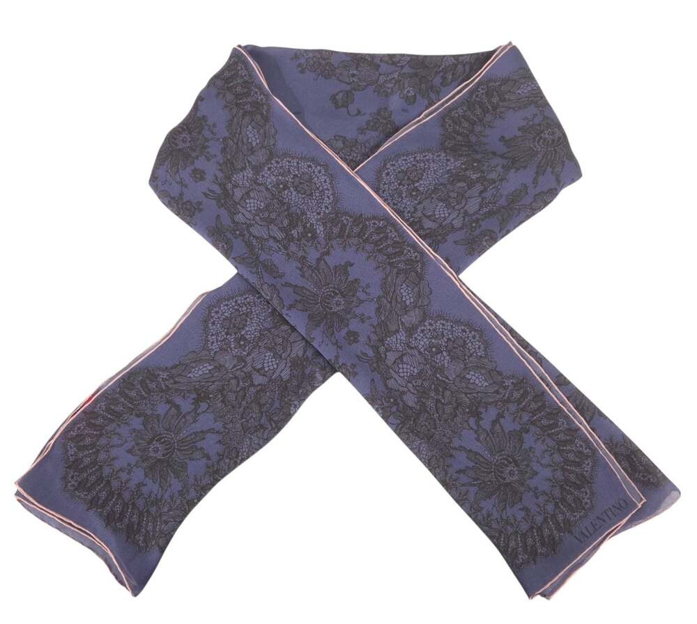 Valentino Floral Lace Print Silk Scarf 25.5" x 68"  Womens Blue Black $595
